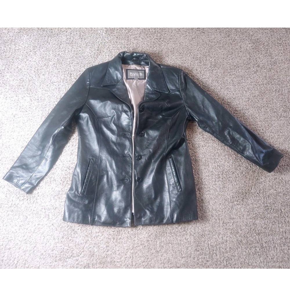 Wilsons Leather Button Front Blazer Jacket Size L Black Womens Classic Leather